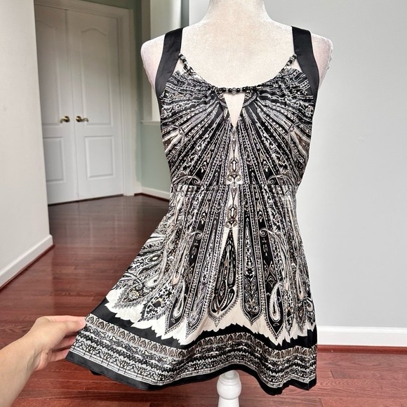 Cache Tops - Cache Silk Black White Unique Pattern Beaded Embellished Asymmetrical Satin Top